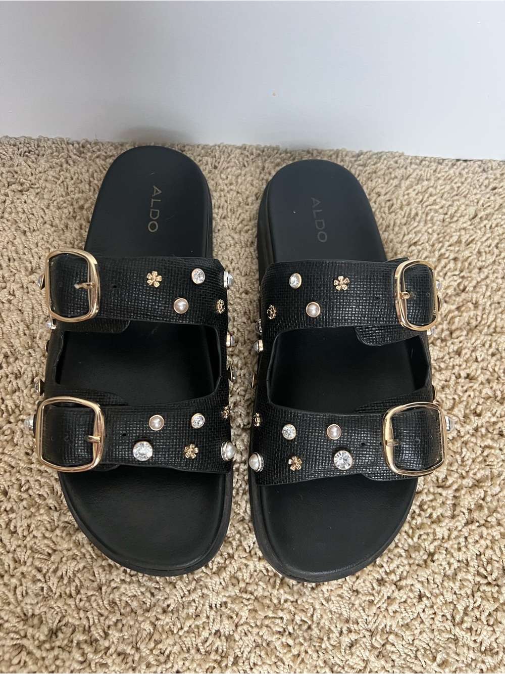 ALDO Black Slide Sandals with Gold Buckles and Crystal Accents